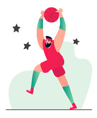 An athletic male basketball player in a t-shirt and shorts throws the ball up. Basketball. Olympic sports game with ball vector illustration