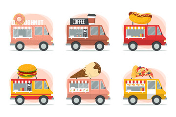 Street food trucks set vector isolated. Pizza, burger, hot dog and ice cream vendor. Tasty coffee in vehicle.