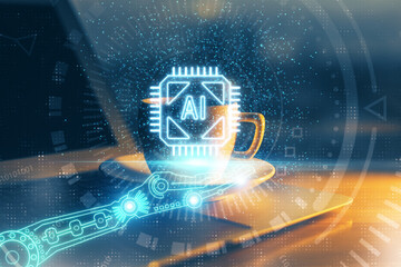 Double exposure of desktop computer and technology theme hologram. Concept of software development.