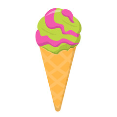 Ice cream vector isolated. Sweet cold dessert, pistachio and berry taste. Colorful frozen snack, delicious food.