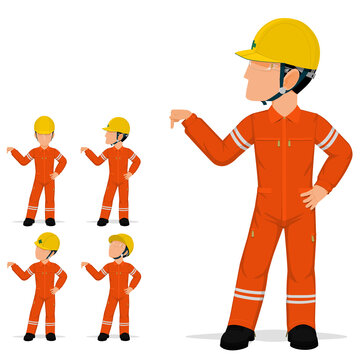 Set of industrial worker is pointing down