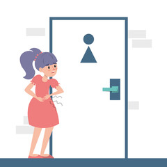Child with a diarrhea waiting at the toilet door vector isolated. Girl with pain in stomach. Belly disease. Person needs to get to the toilet.