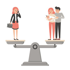 Work and life balance concept vector isolated. Harmony between career and family. Success at work and happiness at home.