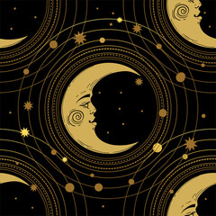 Seamless pattern with a golden moon and a crescent moon with a face on a black background. Magic, mystical background for tarot, boho design. Vector illustration, engraving.