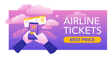 Airline tickets online purchasing banner - hands holding smartphone and pushing Buy Now button on bright background