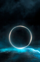 Empty futuristic dramatic scene. Abstract dark landscape, street. Neon light fluid element. Night view, neon blue light. Fantasy background. 3D illustration