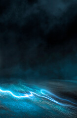 Empty futuristic dramatic scene. Abstract dark landscape, street. Neon light fluid element. Night view, neon blue light. Fantasy background. 3D illustration