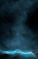 Empty futuristic dramatic scene. Abstract dark landscape, street. Neon light fluid element. Night view, neon blue light. Fantasy background. 3D illustration