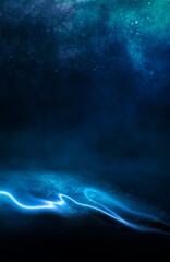 Empty futuristic dramatic scene. Abstract dark landscape, street. Neon light fluid element. Night view, neon blue light. Fantasy background. 3D illustration