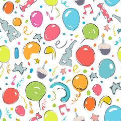 Happy birthday seamless patern with balloons, confetti, stars, firework, music notes - 357146808