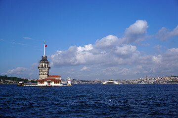 Fototapeta na wymiar Maiden's tower, symbol of Istanbul, Turkey, Blue sky and sea