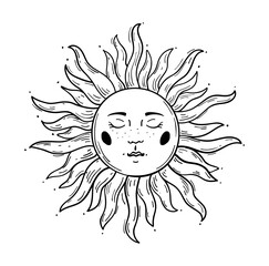 Modern pattern in vintage style, the sun with a face, stylized drawing, engraving. Vintage mystical boho design, logotype, tattoo. Vector illustration isolated on white.