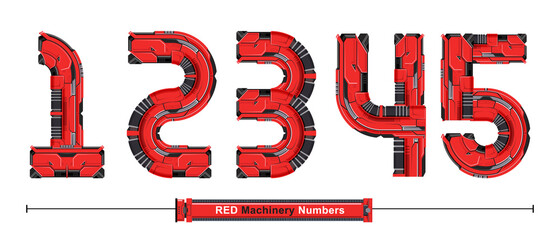 Numbers Typography Red Machinery style in a set 12345