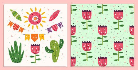 Mexico clip art. Cute sun, flags, cactus, grass, flower and leaves. Mexican party. Latin America holiday. Flat colourful vector illustration, set of elements isolated. Seamless pattern, background.