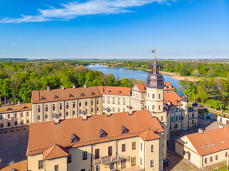 Obraz premium Flying above Nesvizh Castle in Belarus. Drone aerial photo