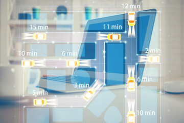 Desktop computer background in office with automobile hologram drawing. Multi exposure. Tech concept.