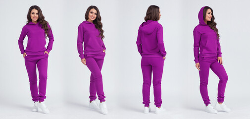 Beautiful girl in a purple sports suit with a hood. Front view, side view, rear view. Sweatshirt template