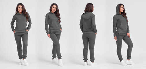 Beautiful girl in a grey sports suit with a hood. Front view, side view, rear view. Sweatshirt...
