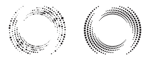 Modern abstract background. Halftone squares in circle form. Round logo. Vector dotted frame. Design element or icon.