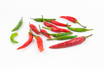Red and green hot chili peppers isolated on white background