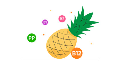 Tropical pineapple with nutritional information: common vitamins on colorful circles. Healthy diet and tasty food.