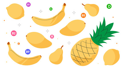 Tropical fruits and vitamins: banana, pineapple, mango, lemon, pear. Bright background with healthy fruits in yellow. Illustration