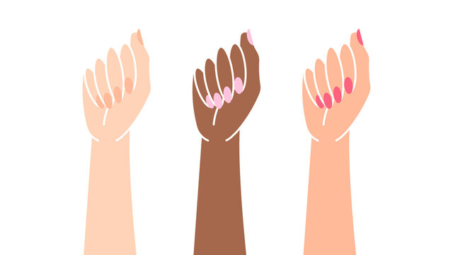 Girl Power. Three female hands are raised up. The concept of feminism, equality, freedom and women's rights. Vector modern illustration on a white background.