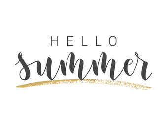 Handwritten Lettering of Hello Summer. Template for Banner, Card, Invitation, Party, Poster, Print or Web Product. Objects Isolated on White Background. Vector Stock Illustration.