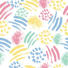 Seamless pattern with abstract colorful shapes on a white background. Spots, stripes. It can be used for decoration of textile, paper and other surfaces.