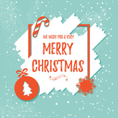 Greeting Card. We wish you a Merry Christmas lettering with funny paper candy, christmas ball, and snowflake in frame banner background. Vector illustration.