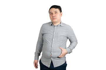 Unhappy young overweight man with a big belly isolated on white background.	

