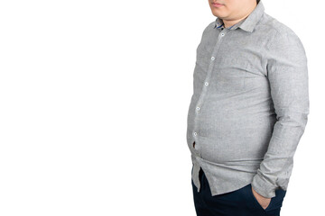 Close up of overweight man with a big belly on white background.	