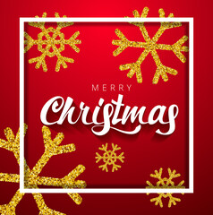 Merry Christmas lettering with gold glitter snowflake background. Christmas calligraphy. Vector design template background for golden shimmer Xmas card. Vector Illustration.