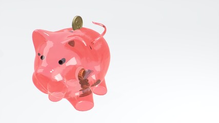 Coins fall into a pink glass piggy bank - a symbol of wealth, frugality and effective investment planning and business. Symbol of financial success. Cash money savings.. 3d rendering.