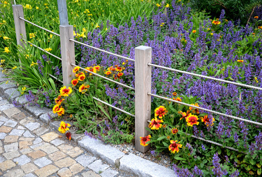 flower beds tend to be more aesthetically impressive. a flowerbed of a sidewalk path with blue flowers separated by a fence of ropes and wooden prisms