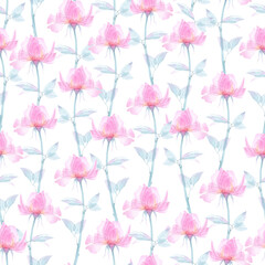 Seamless pattern transparent rose flowers and Apple blossoms on a white background, pink roses, x-ray flowers, pink Sakura flowers, lilac and blue stems and leaves, floral pattern printing Wallpaper 