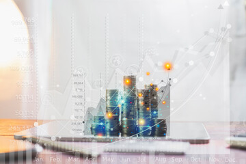 Concept of technology equipment A laptop used to display financial income. And business profits To see in a clear graph, chart and image