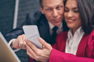 Close up of delighted people that doing selfie photo