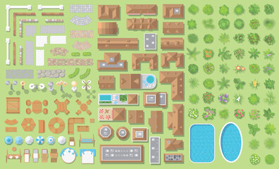 Set of landscape elements. Houses, architectural elements, furniture, plants. Top view.
Fences, paths, lights, furniture, houses, trees, pools. View from above.
