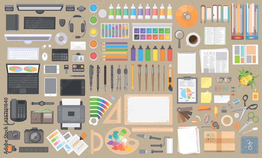 Fototapete vector set. objects for business and art on a office desk. top view. workspace creator, artist, desi