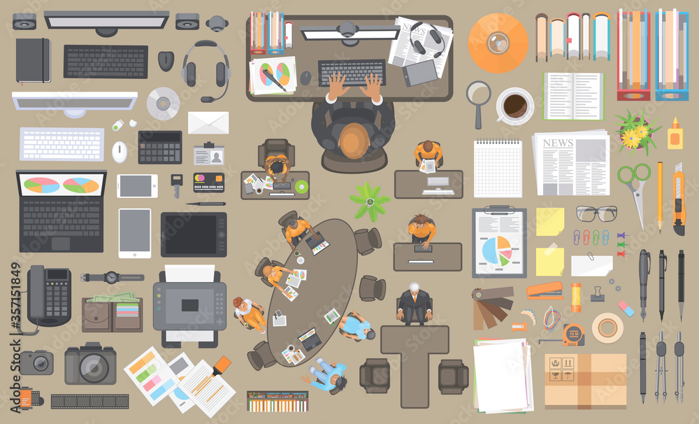 Poster vector set. workspace businessman. items on the desktop. top view. computer hardware and gadgets. st