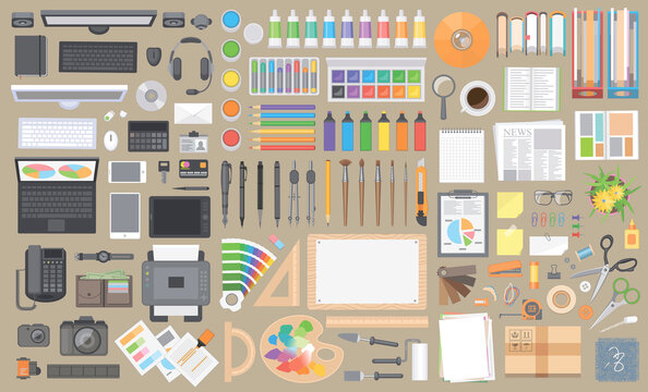 Vector set. Objects for business and art on a office desk. Top view.
Workspace creator, artist, designer, businessman.
Computer hardware and gadgets. Paints and stationery. Paper and desktop objects.