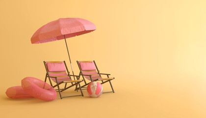 Fototapeta na wymiar Minimal beach concept with copy space. Top view of pastel pink couple beach benches, umbrella and ball on sand yellow background. Idea for summer vacation. 3d rendering.