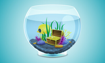 Round aquarium with fish, treasure and marine fauna. Vector, stock illustration.
