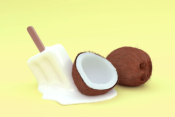 coconut and melted coconut milk popsicle isolated on background with copy space. Concept image for Asian food and desserts. 3D rendering.