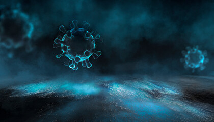 Covid-19, abstraction background with elements of the virus. The epidemic of viral diseases. Micro organisms, macro, 3d illustration. Pandemic, medical.