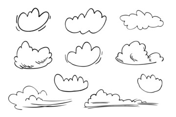 Cartoon clouds set, linear drawing. Vector isolated illustration.