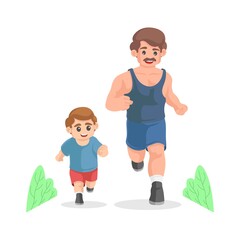 Fototapeta premium Cartoon father and son running together. Morning jogging. Sporty family. Fatherhood concept. Physical activity and healthy lifestyle.happy fathers day concept