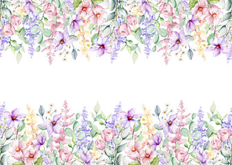 Floral border, background with place for text. Watercolor flowers design. Hand painting summer illustration.