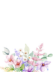 Floral border, background with place for text. Watercolor flowers design. Hand painting summer illustration.